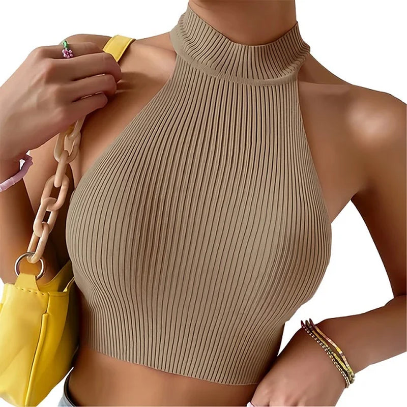 Y2K Ribbed Halter Crop Top - Women's Sleeveless Turtleneck Tank