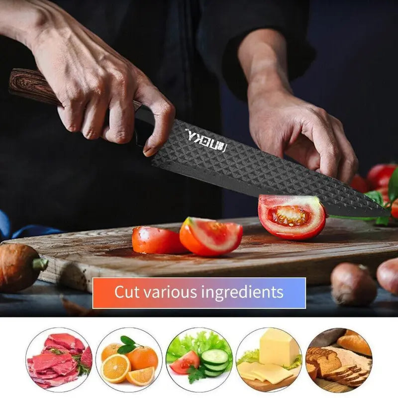 "Premium 6-Piece Black Kitchen Knife Set with Sharp Stainless Steel Blades and Ergonomic Wood Handles"