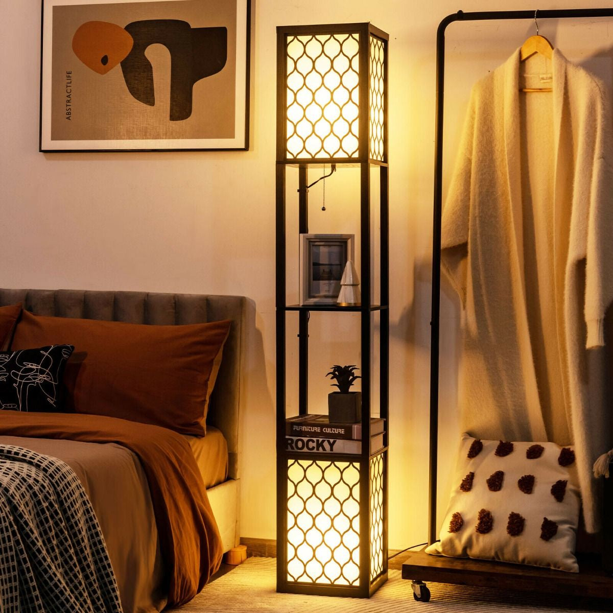 "Modern Double Floor Lamp with Built-In Shelves and Convenient Foot Switch"