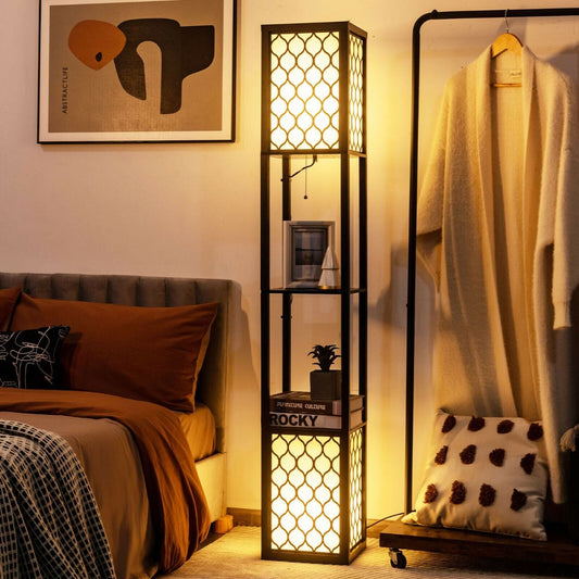 "Modern Double Floor Lamp with Built-In Shelves and Convenient Foot Switch"