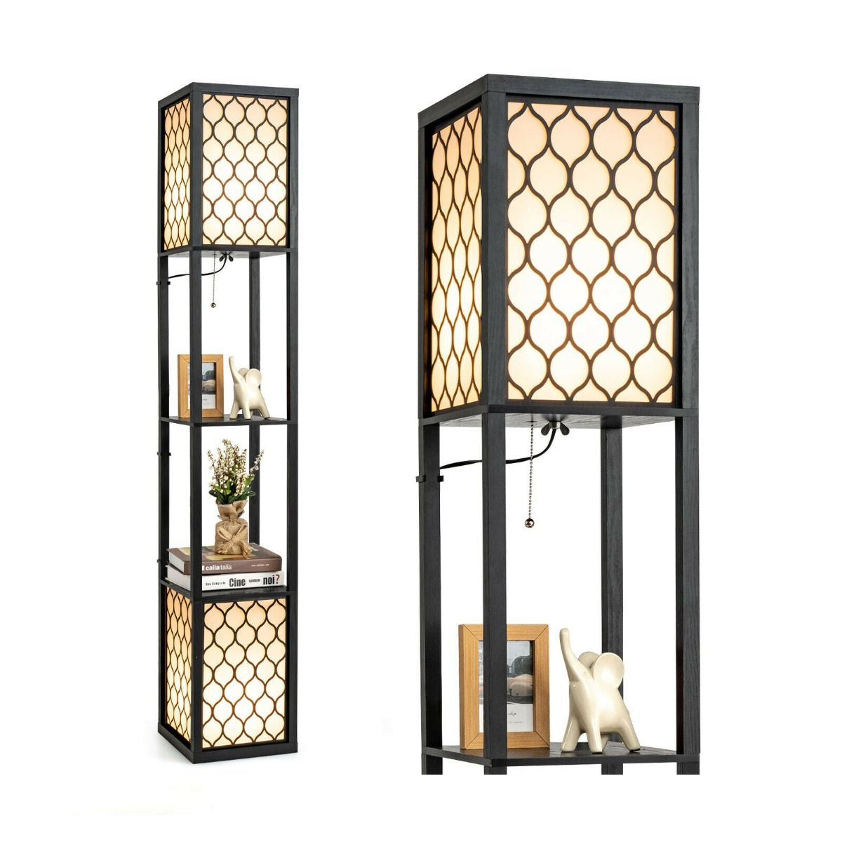 "Modern Double Floor Lamp with Built-In Shelves and Convenient Foot Switch"