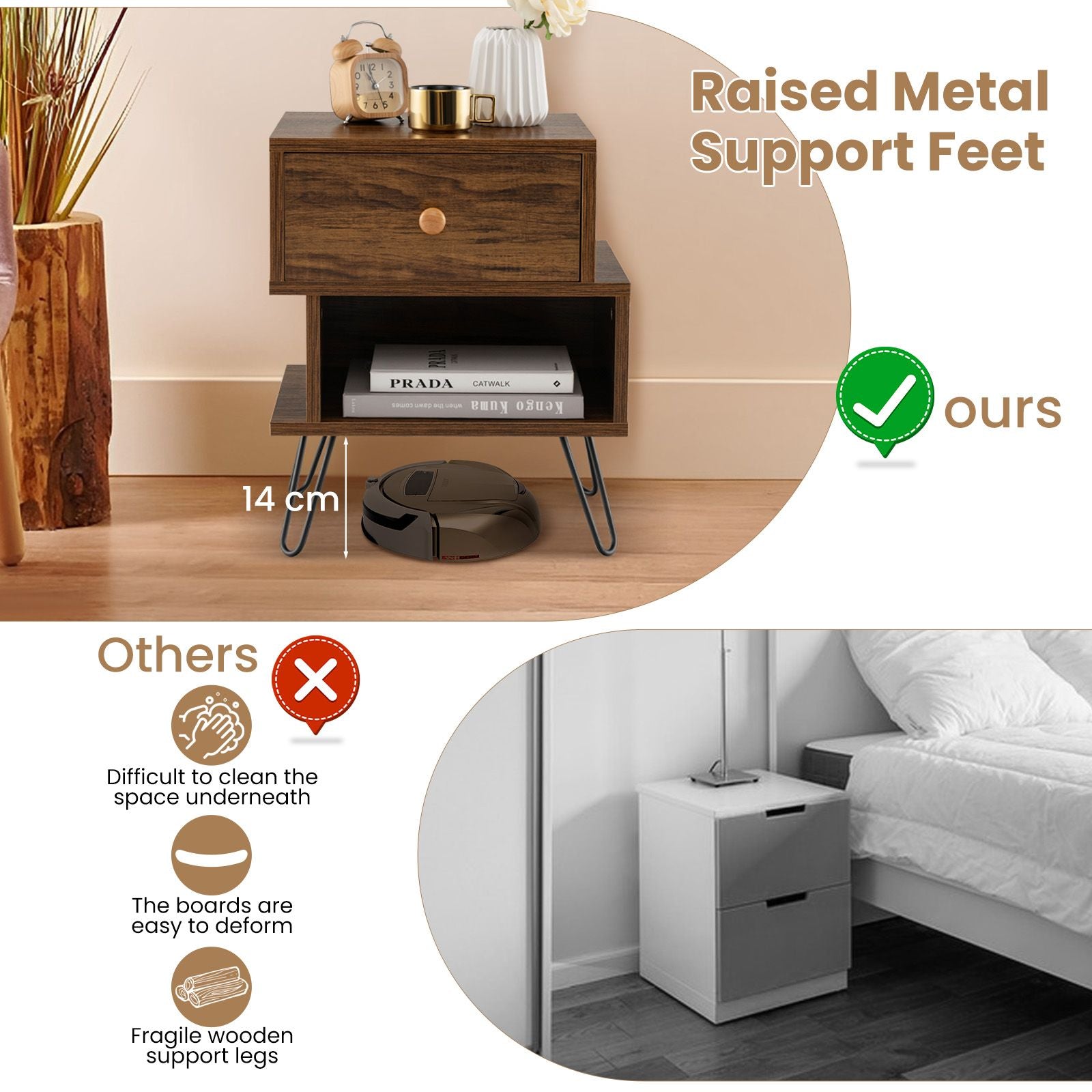 "Rustic Wooden Nightstands Set with Stylish Metal Feet - Set of 2"