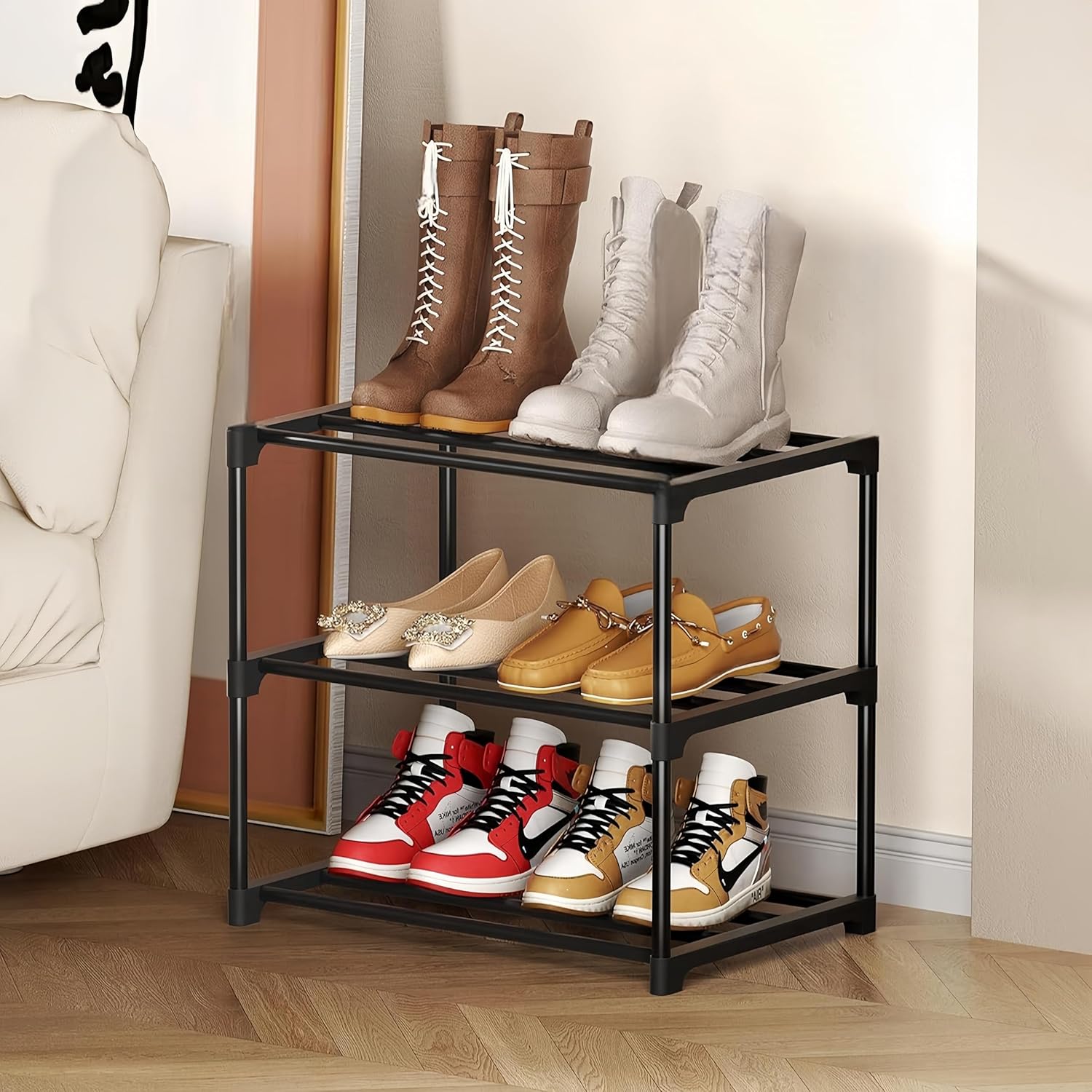 "3 Tier Stackable Shoe Rack - Space Saving Shoe Organizer with Easy Assembly, Strong Metal Design - Ideal for Hallway, Living Room, Bedroom"