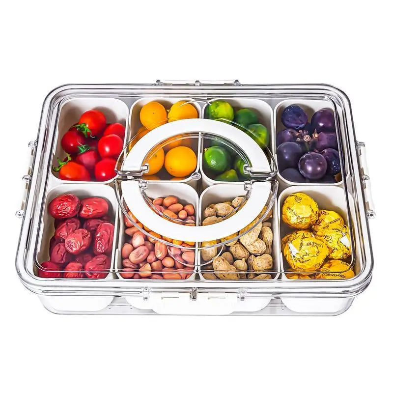 "Clear Divided Serving Tray with Lid and Handle - Multi-Grid Food Storage Box for Snacks and Lunches"