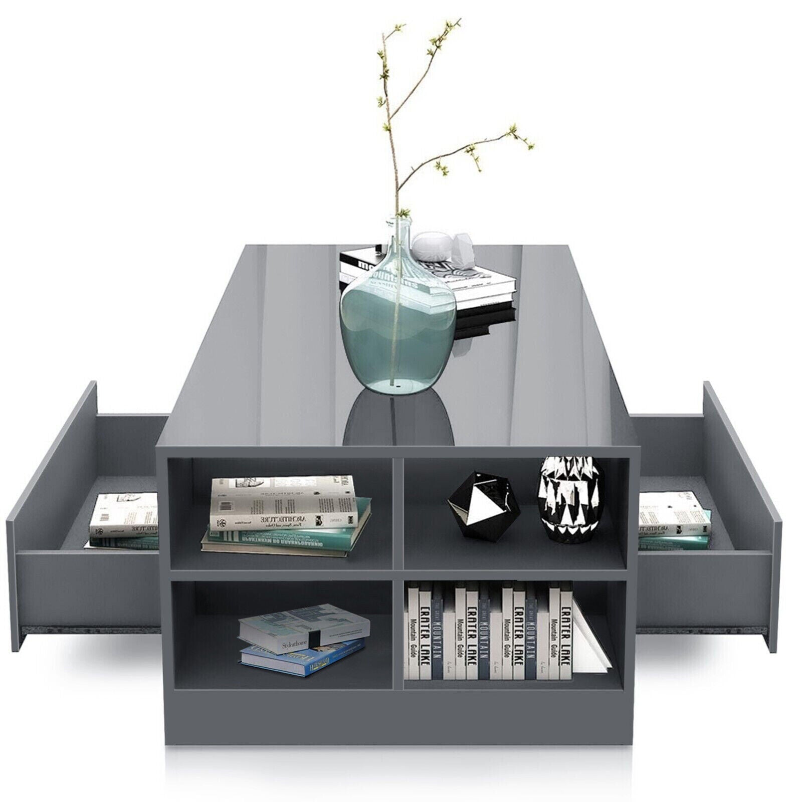 "Modern LED Coffee Table with Storage Drawers - High Gloss Finish"