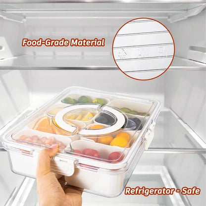 "Clear Divided Serving Tray with Lid and Handle - Multi-Grid Food Storage Box for Snacks and Lunches"