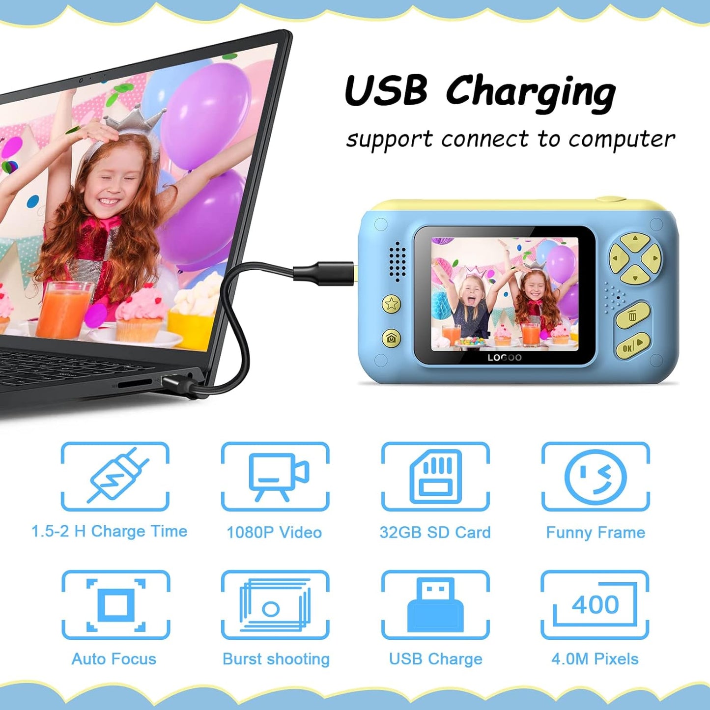 "FunSnap Kids Selfie Camera Bundle: 20MP Photo, 1080P HD Video, Selfie Stick & 32GB SD Card - Ideal for 3-12 Year Old Girls and Boys"