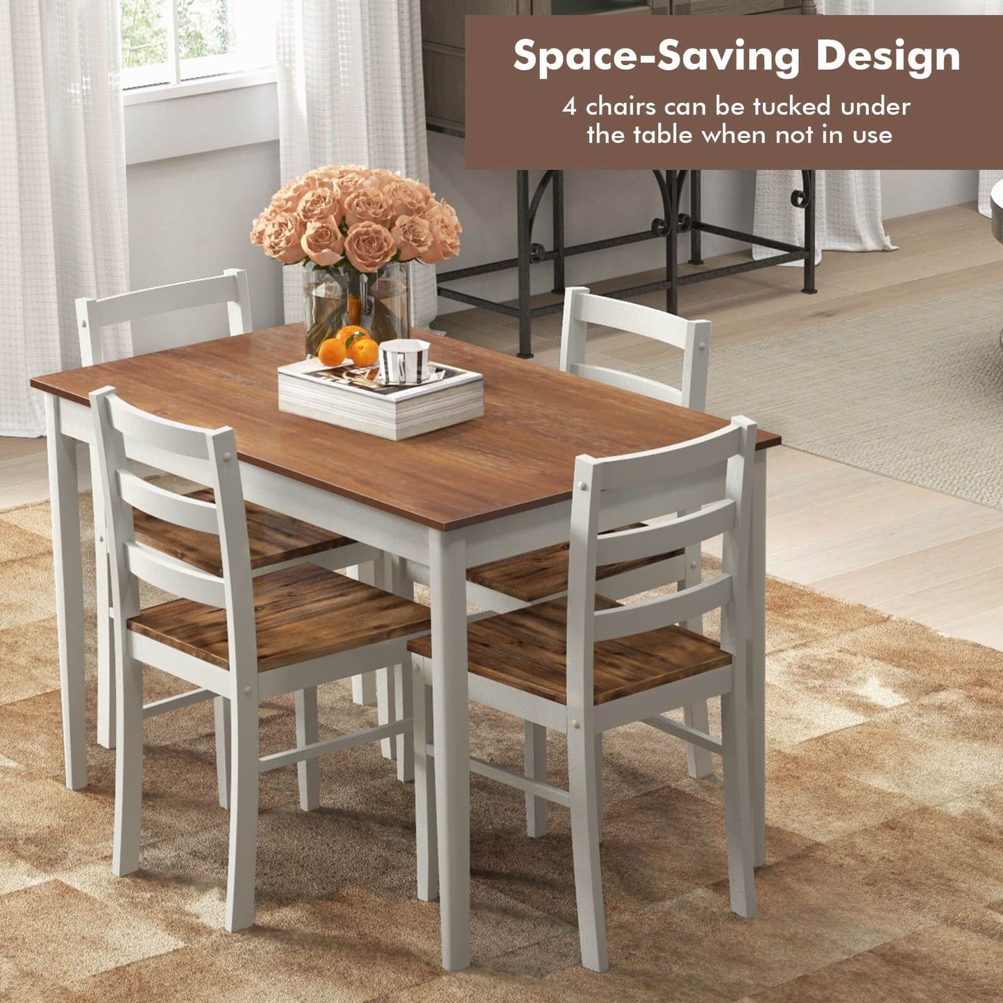 "Rustic 5-Piece Dining Set with Spacious Wooden Tabletop"