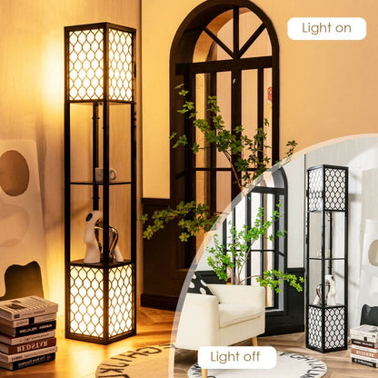 "Modern Double Floor Lamp with Built-In Shelves and Convenient Foot Switch"