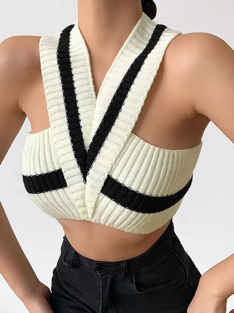 "Chic Summer 2024 Women's Off-Shoulder Tank Top - Knitted V-Neck Beach Crop Top"