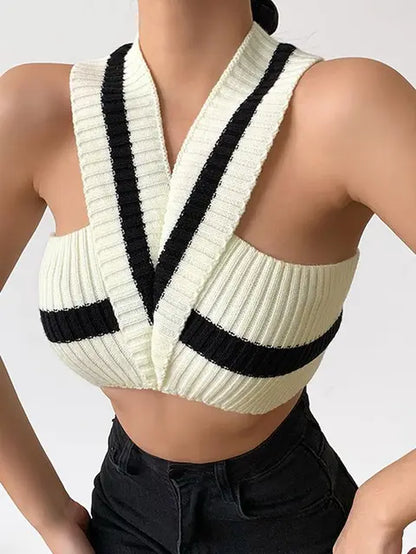 "Chic Summer 2024 Women's Off-Shoulder Tank Top - Knitted V-Neck Beach Crop Top"