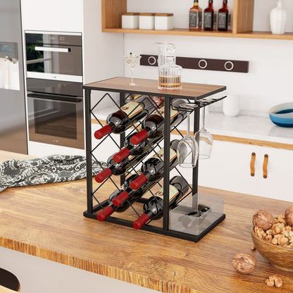 "Metal Frame Countertop Wine Rack - Holds 8 Bottles with Storage Box"