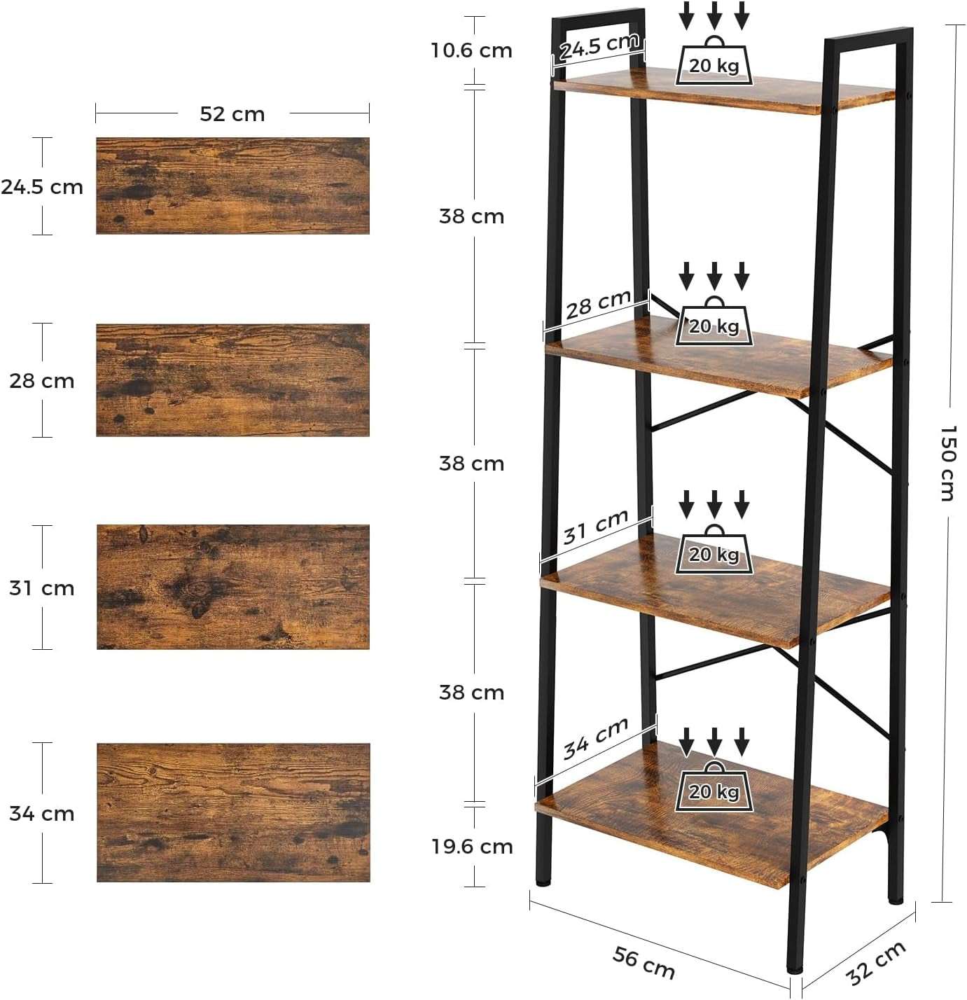 Bookcase Bookshelf, 4-Tier Ladder Shelf, 150X32X56Cm Storage Rack, Standing Shelf for Office, Living Room, Bedroom, Kitchen, Industrial, Metal