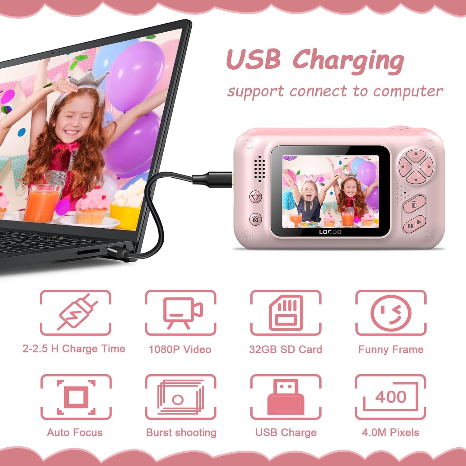 "FunSnap Kids Selfie Camera Bundle: 20MP Photo, 1080P HD Video, Selfie Stick & 32GB SD Card - Ideal for 3-12 Year Old Girls and Boys"