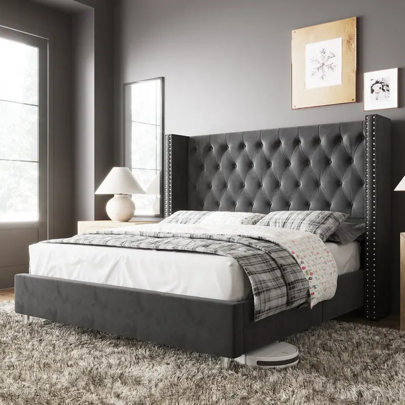 Luxurious Velvet Upholstered Bed Frame with Wingback Headboard and Diamond Button Tufting