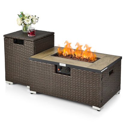 "40,000 BTU Propane Fire Pit Table Set with Rattan Finish and Side Table"