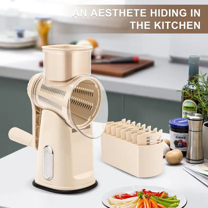 Sleek Beige Rotary Cheese Grater Set - 5 Blades, Suction Base, Mandolin Slicer - Kitchen Essential with Blade Storage Box