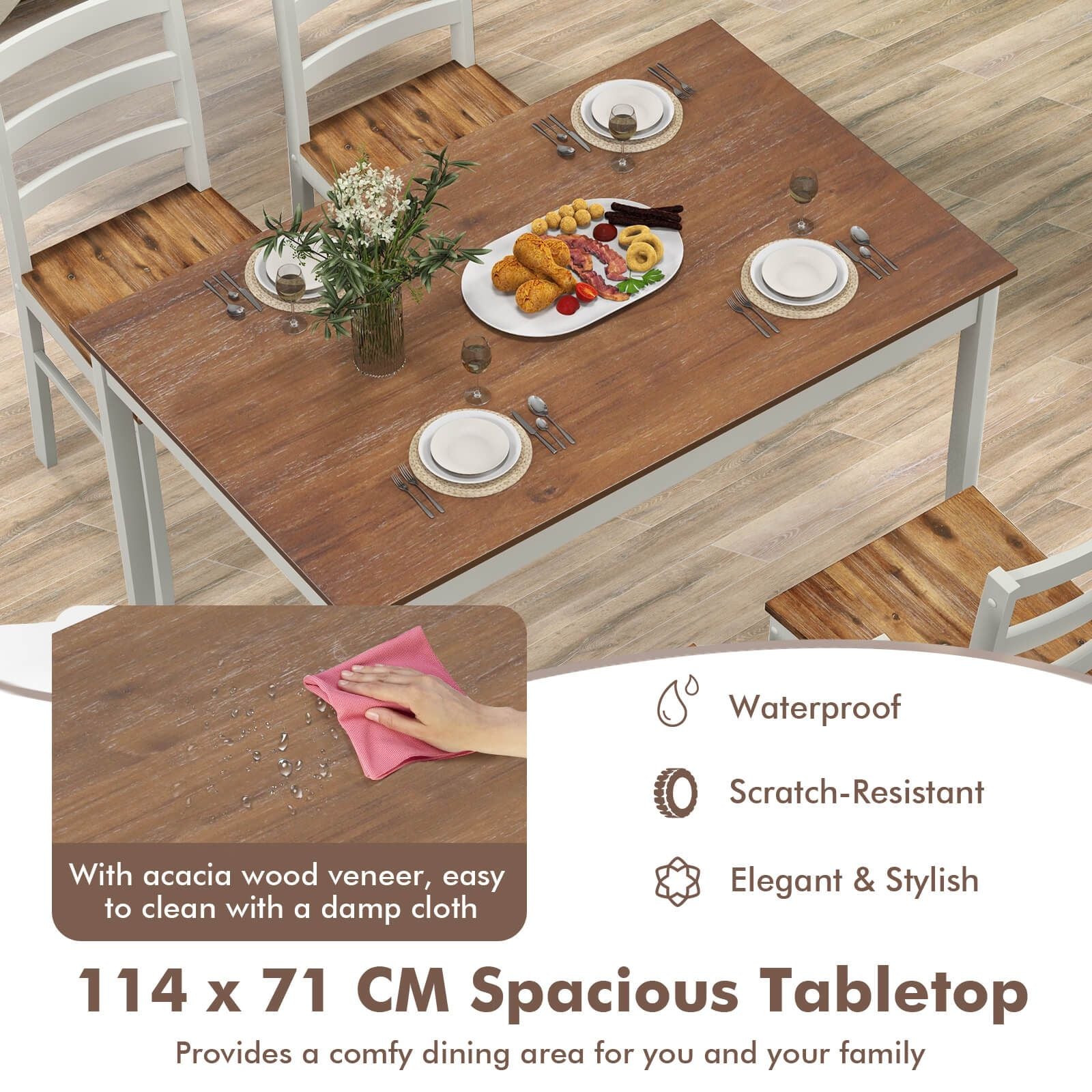 "Rustic 5-Piece Dining Set with Spacious Wooden Tabletop"