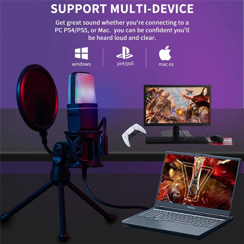 "RGB Gaming USB Microphone - Professional Condenser Mic for Podcasting, Streaming, and Recording"