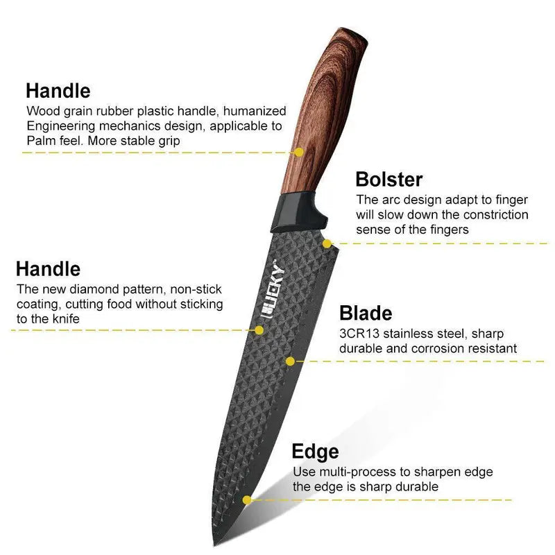 "Premium 6-Piece Black Kitchen Knife Set with Sharp Stainless Steel Blades and Ergonomic Wood Handles"