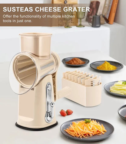 Sleek Beige Rotary Cheese Grater Set - 5 Blades, Suction Base, Mandolin Slicer - Kitchen Essential with Blade Storage Box