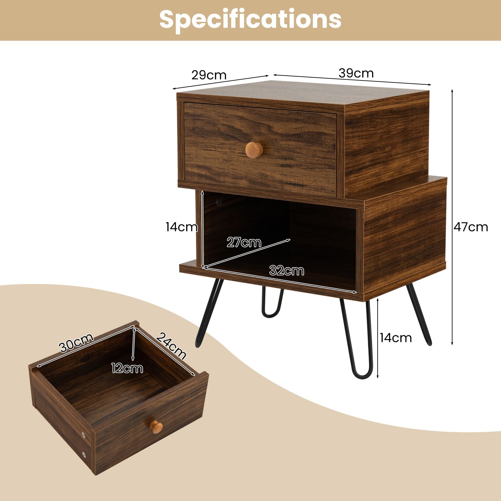 "Rustic Wooden Nightstands Set with Stylish Metal Feet - Set of 2"