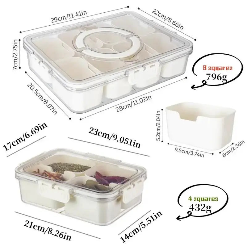 "Clear Divided Serving Tray with Lid and Handle - Multi-Grid Food Storage Box for Snacks and Lunches"