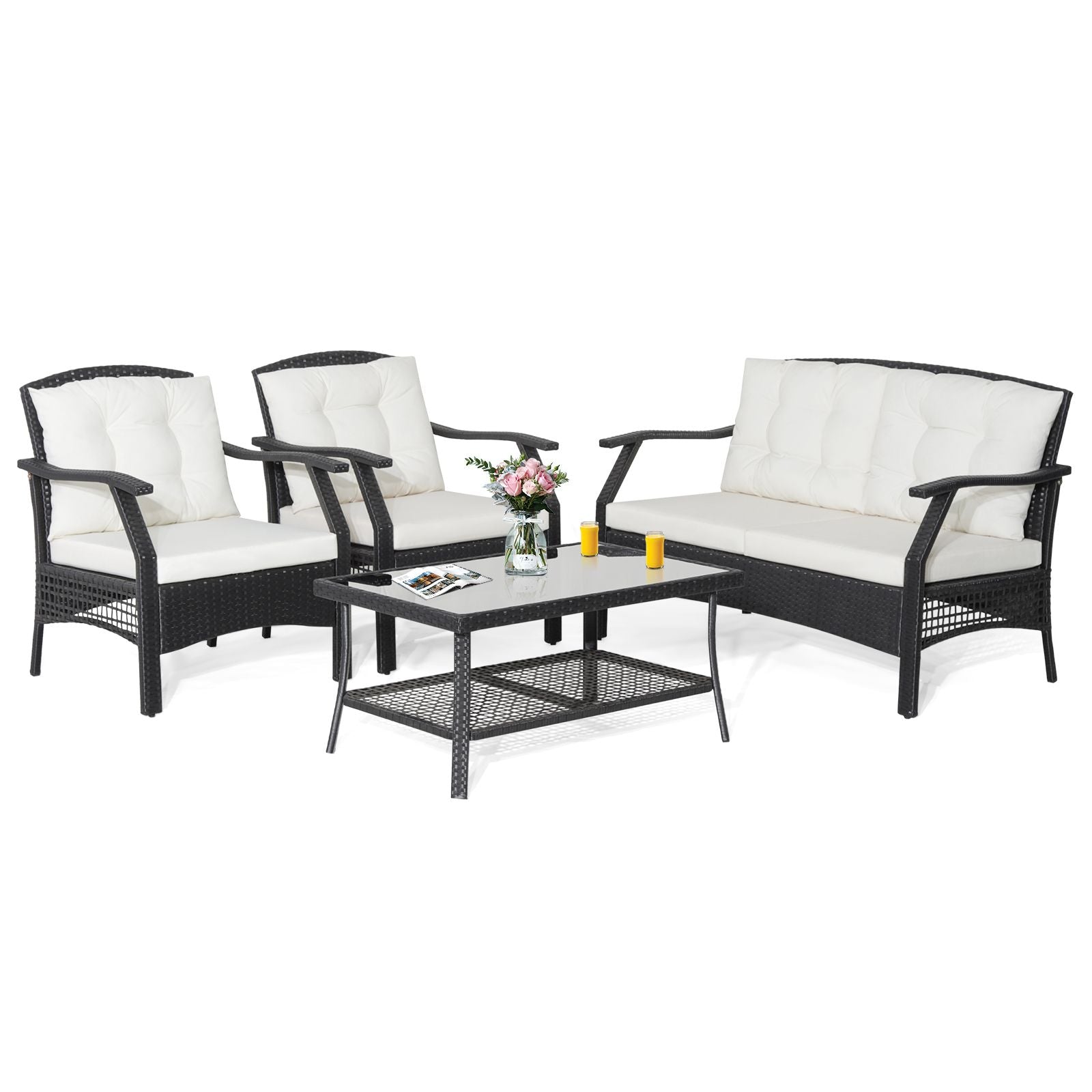 "Outdoor Oasis: 4-Piece Rattan Patio Set with Coffee Table and Cushions"