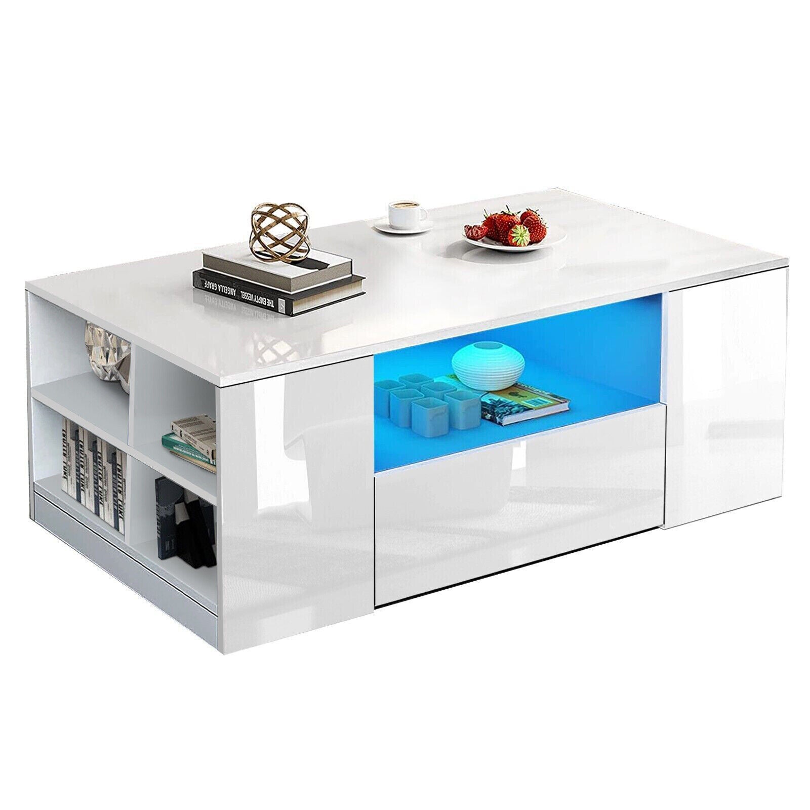 "Modern LED Coffee Table with Storage Drawers - High Gloss Finish"