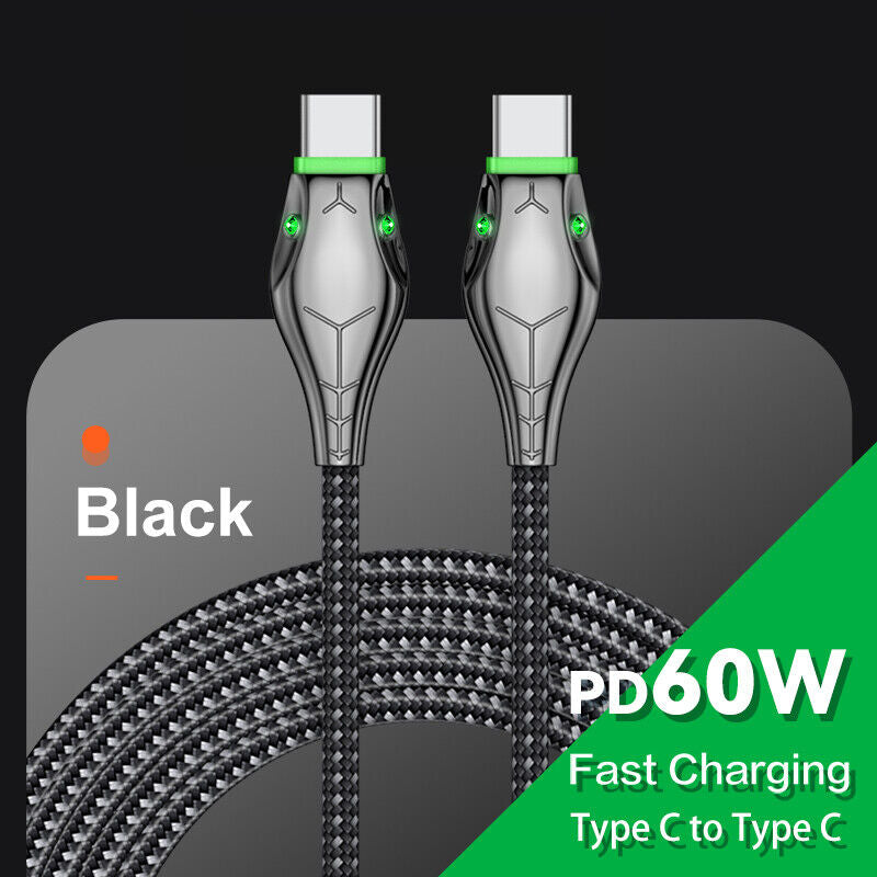 Fast Charge Type C to Type C Cable with 60W Power Delivery, Durable Braided Design, Long Length, and LED Indicator for Samsung Devices