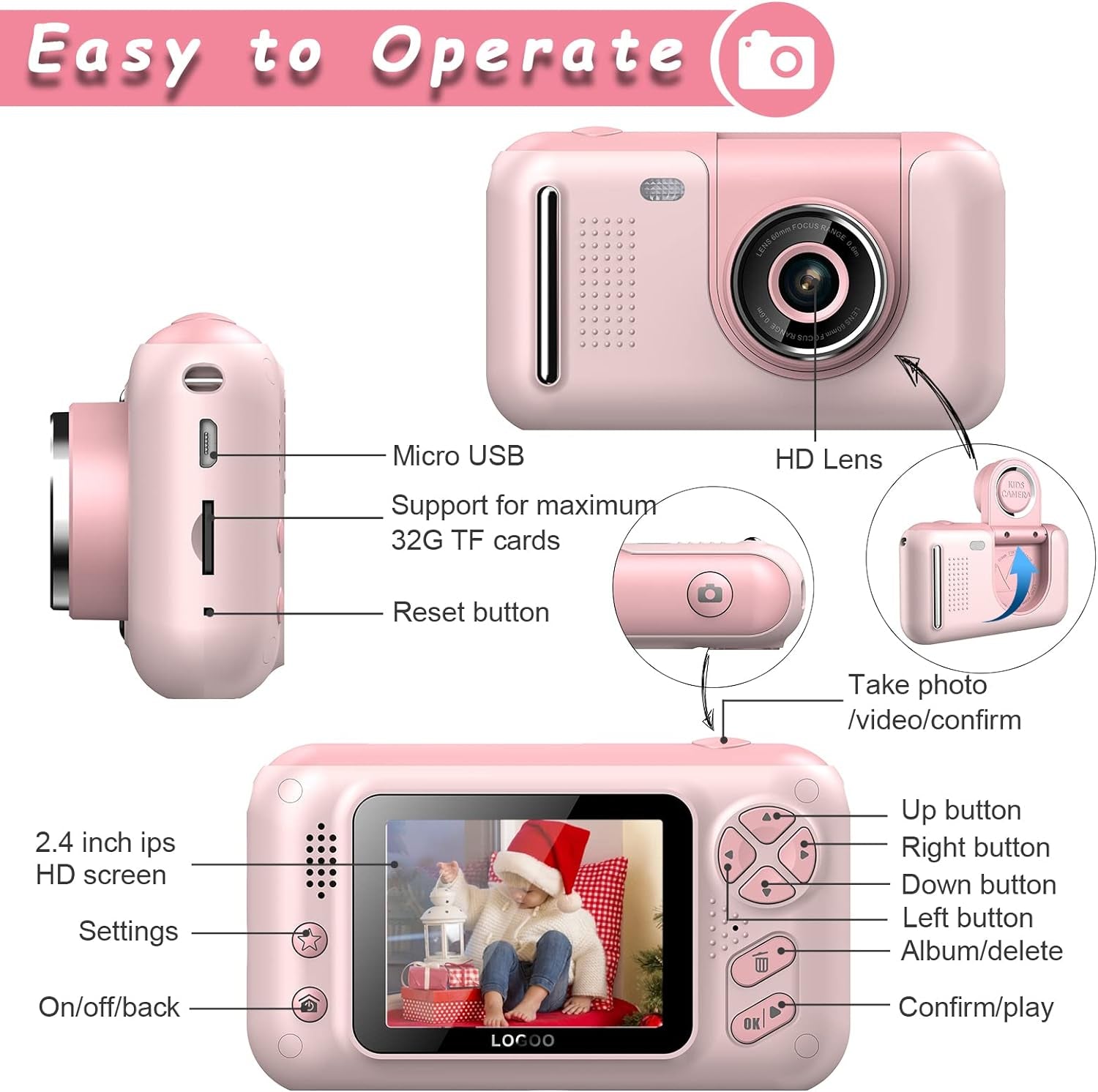 "FunSnap Kids Selfie Camera Bundle: 20MP Photo, 1080P HD Video, Selfie Stick & 32GB SD Card - Ideal for 3-12 Year Old Girls and Boys"