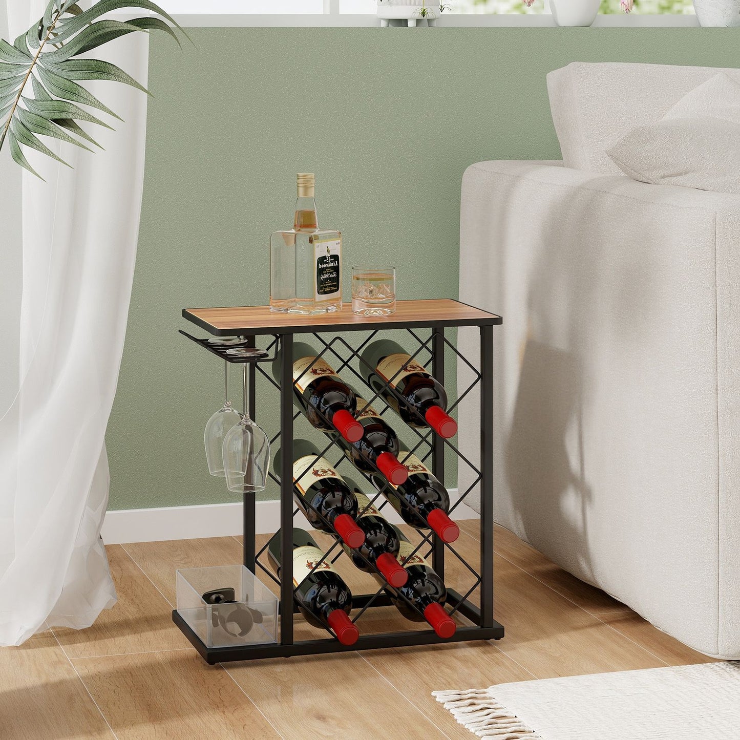 "Metal Frame Countertop Wine Rack - Holds 8 Bottles with Storage Box"