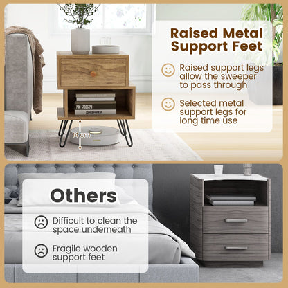 "Rustic Wooden Nightstands Set with Stylish Metal Feet - Set of 2"