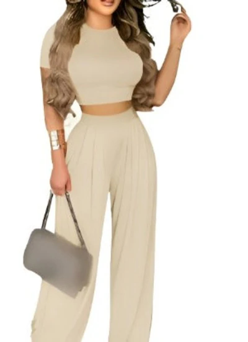 "Elegant Print Two-Piece Short Sleeve Shirt and Wide Leg Pants Set"