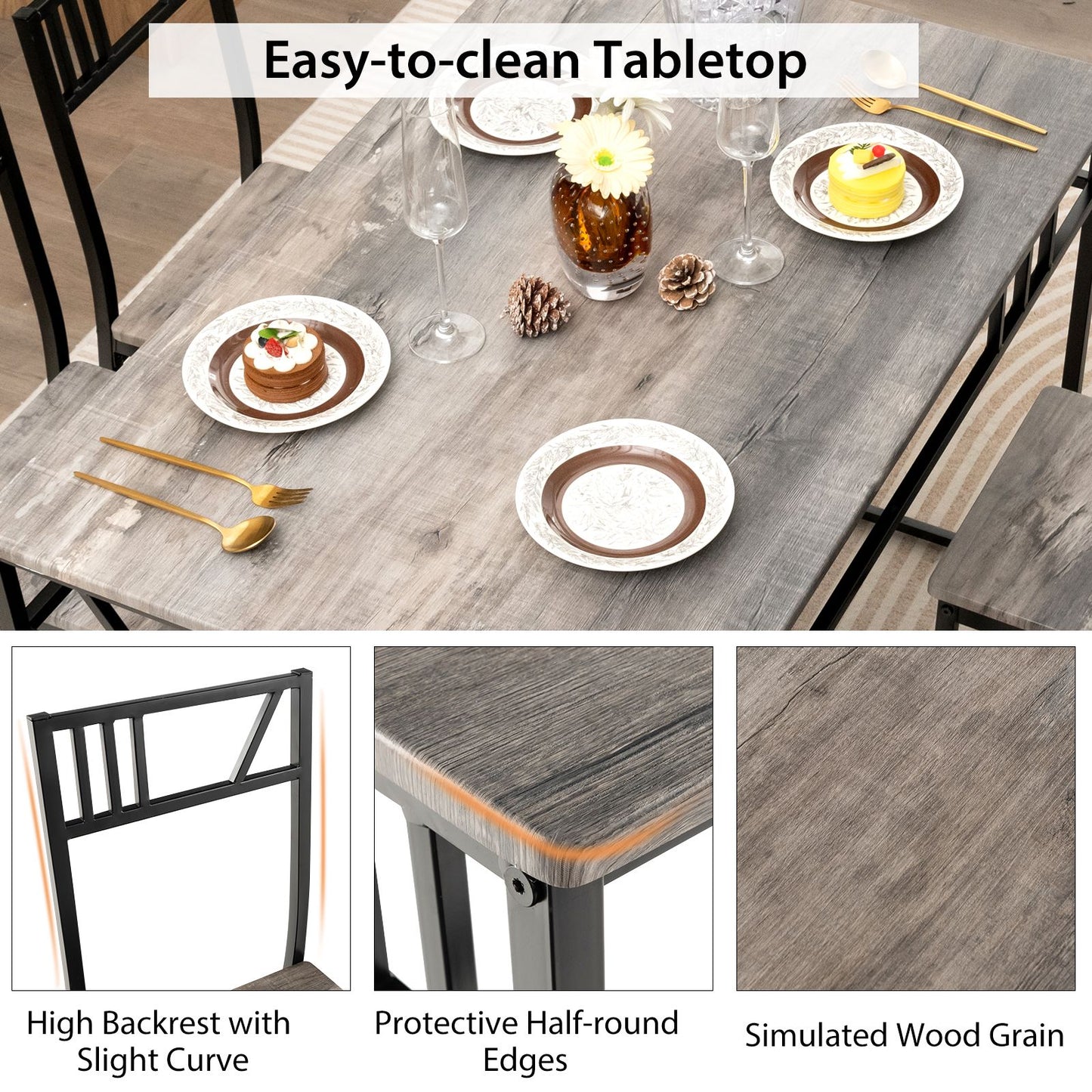 "Rustic Industrial Dining Set: Wood-Style Tabletop with Metal Frame and 4 Chairs"