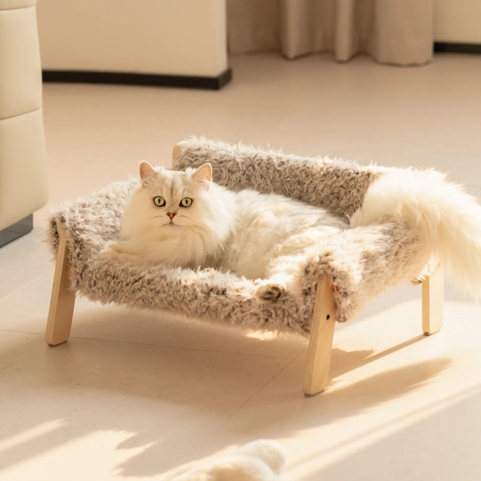 Fluffy Heaven: Deluxe Wooden Bed for Spoiled Cats and Tiny Doggos - A Purrfect Sofa for Your Fur Babies!