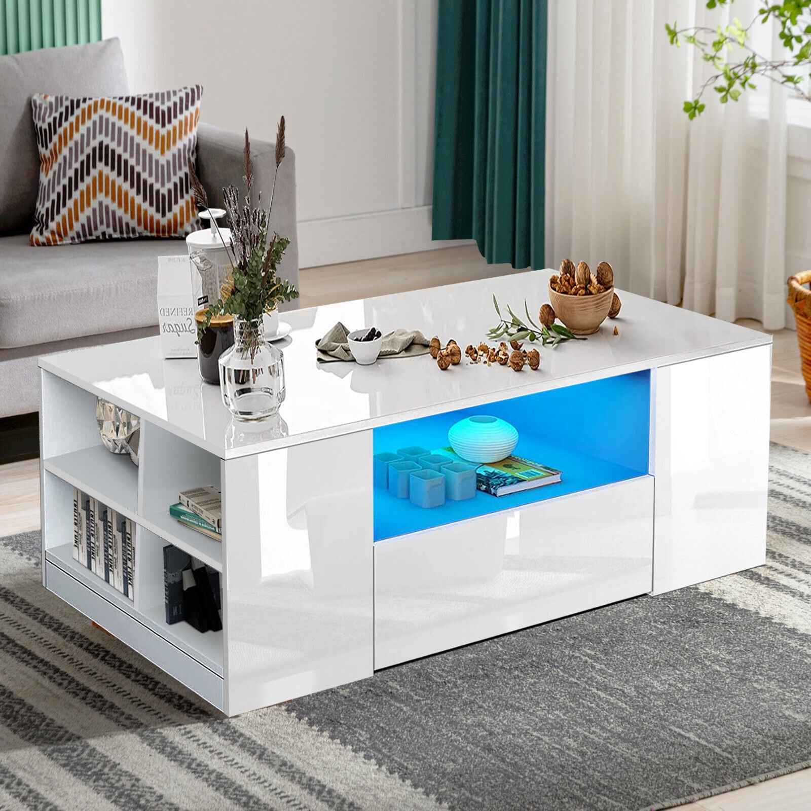 "Modern LED Coffee Table with Storage Drawers - High Gloss Finish"