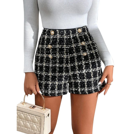 "Vintage Plaid Button-Decorated Trouser Shorts for Women"