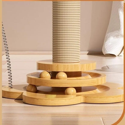 "Ultimate Cat Entertainment Package: Wood Spinny Thingy with Balls, Scratchy Board, and Grabby Column - Guaranteed to Amuse Your Feline Overlord!"