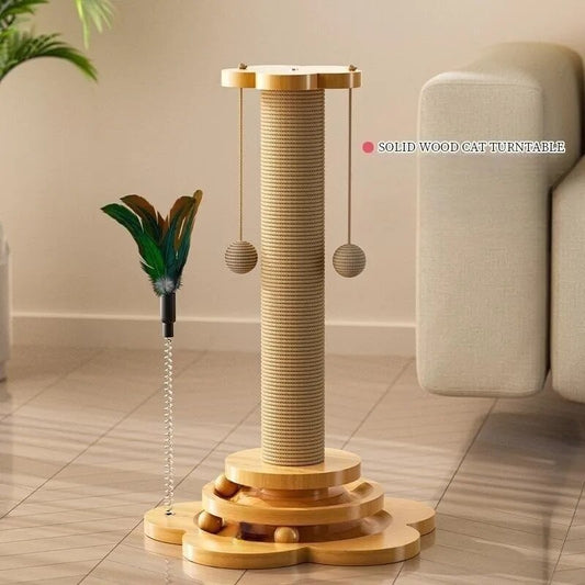 "Ultimate Cat Entertainment Package: Wood Spinny Thingy with Balls, Scratchy Board, and Grabby Column - Guaranteed to Amuse Your Feline Overlord!"