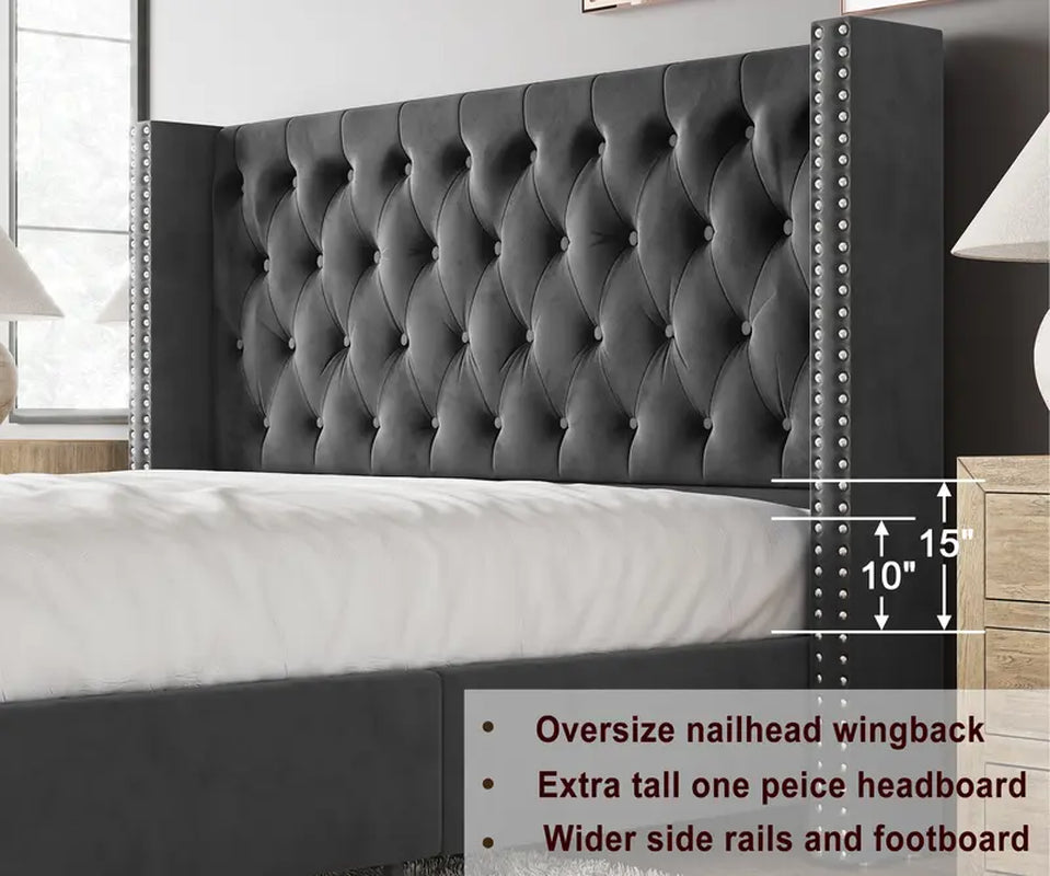 Luxurious Velvet Upholstered Bed Frame with Wingback Headboard and Diamond Button Tufting