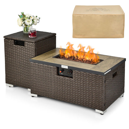 "40,000 BTU Propane Fire Pit Table Set with Rattan Finish and Side Table"