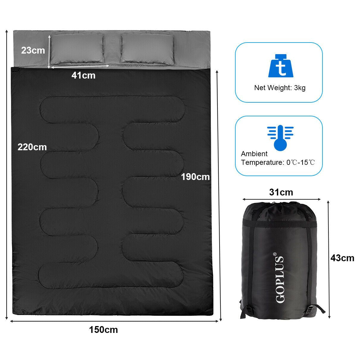 "Extra Large Double Sleeping Bag: Waterproof & Portable with Carrying Bag"