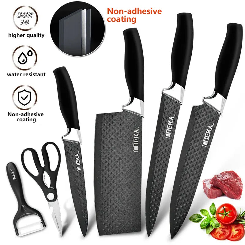 "Premium 6-Piece Black Kitchen Knife Set with Sharp Stainless Steel Blades and Ergonomic Wood Handles"