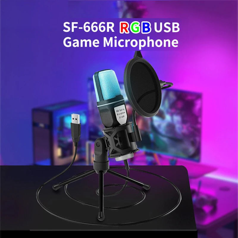 "RGB Gaming USB Microphone - Professional Condenser Mic for Podcasting, Streaming, and Recording"