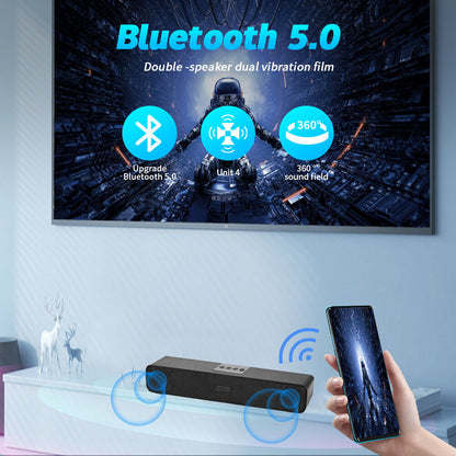 "Immerse Yourself with 3D Sound: Wireless Bluetooth 5.0 TV Soundbar Speaker with Subwoofer in Sleek Black Design"