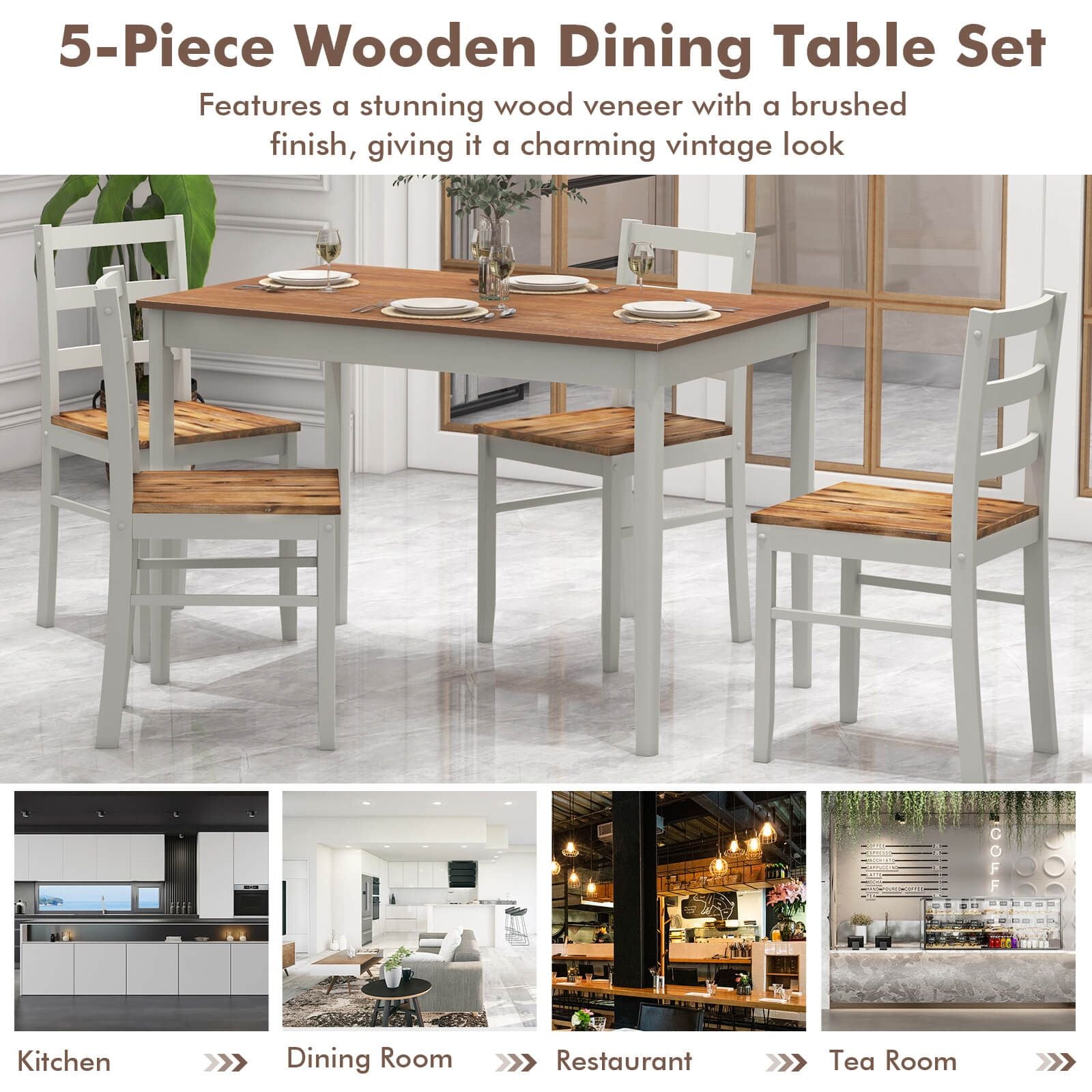 "Rustic 5-Piece Dining Set with Spacious Wooden Tabletop"