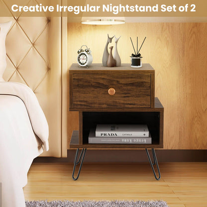 "Rustic Wooden Nightstands Set with Stylish Metal Feet - Set of 2"