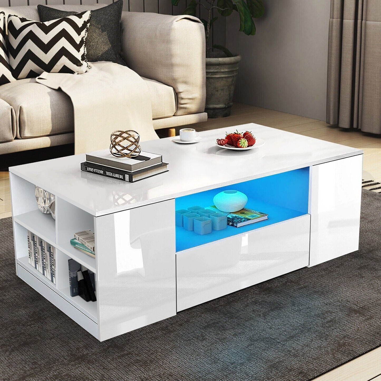 "Modern LED Coffee Table with Storage Drawers - High Gloss Finish"