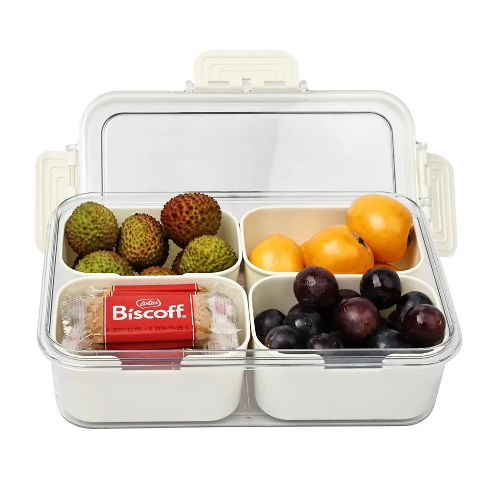 "Clear Divided Serving Tray with Lid and Handle - Multi-Grid Food Storage Box for Snacks and Lunches"